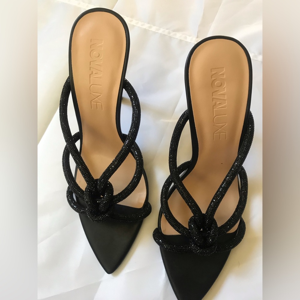 Fashion Nova High Heels Embellished Shiny Black Mules.